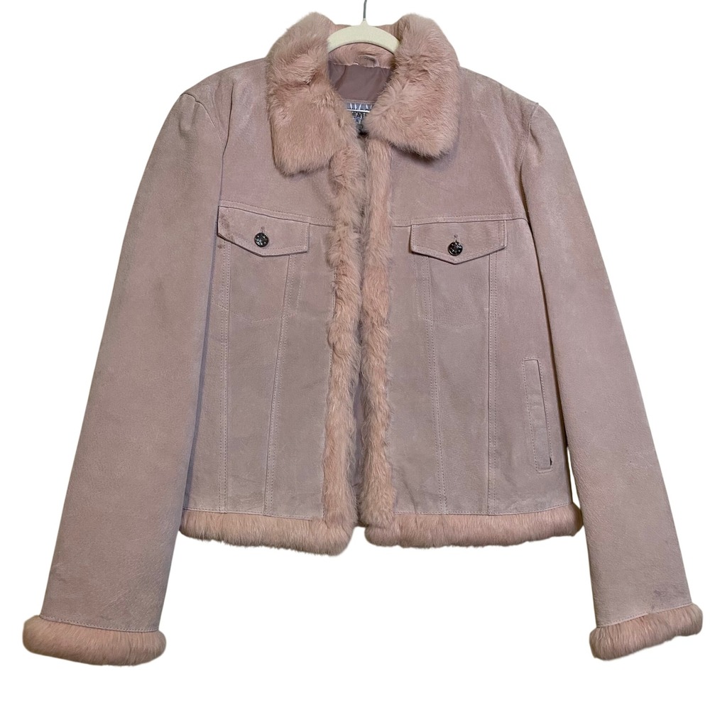 Wilsons Leather Maxima Blush Pink Suede Faux Fur Trim Jacket Large Y2K Trucker